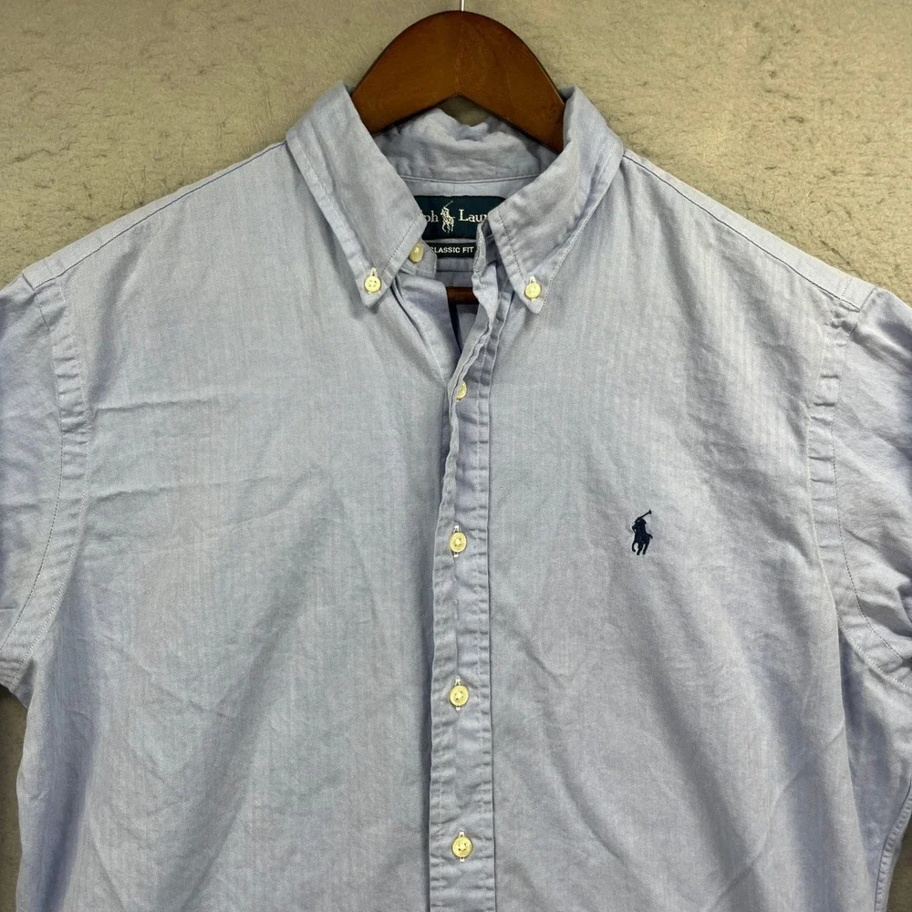 Ralph Lauren Button Down Shirt Mens 15.5 32/33 Blue Classic Herringbone Oxford